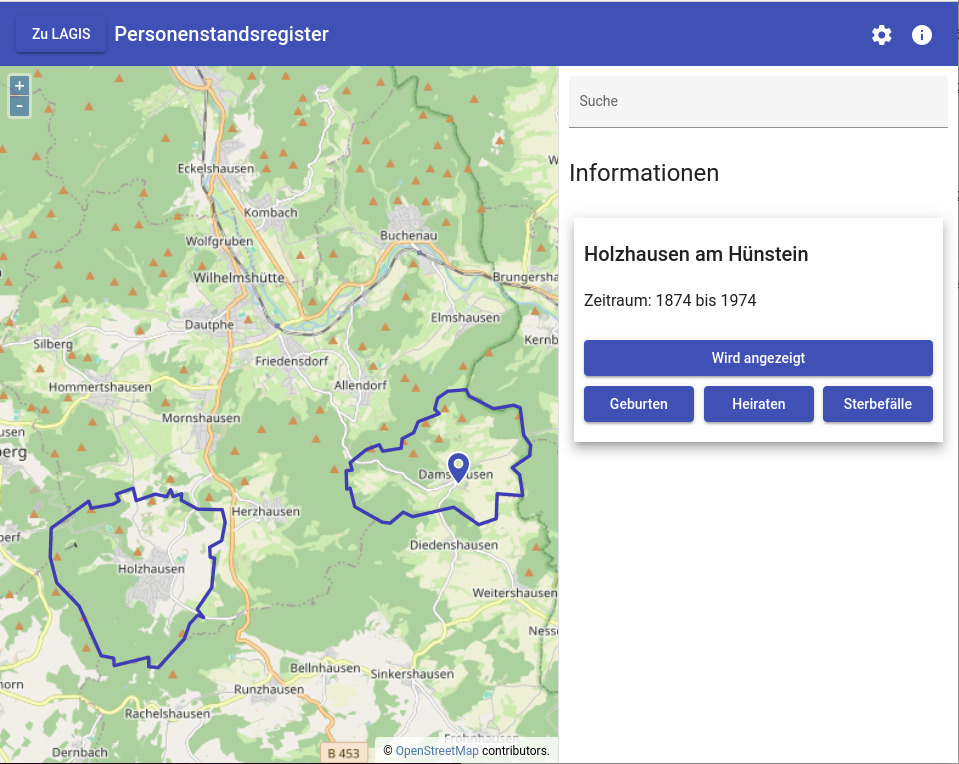 Beispielbild der Anwendung - Hervorhebung der Zugehörigkeit von Damhausen zum Standesamtsbezirk Holzhausen